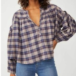 We The Free Womens Button Up Sz XS Jesse Plaid Top-Gray Combo Fall Oversized